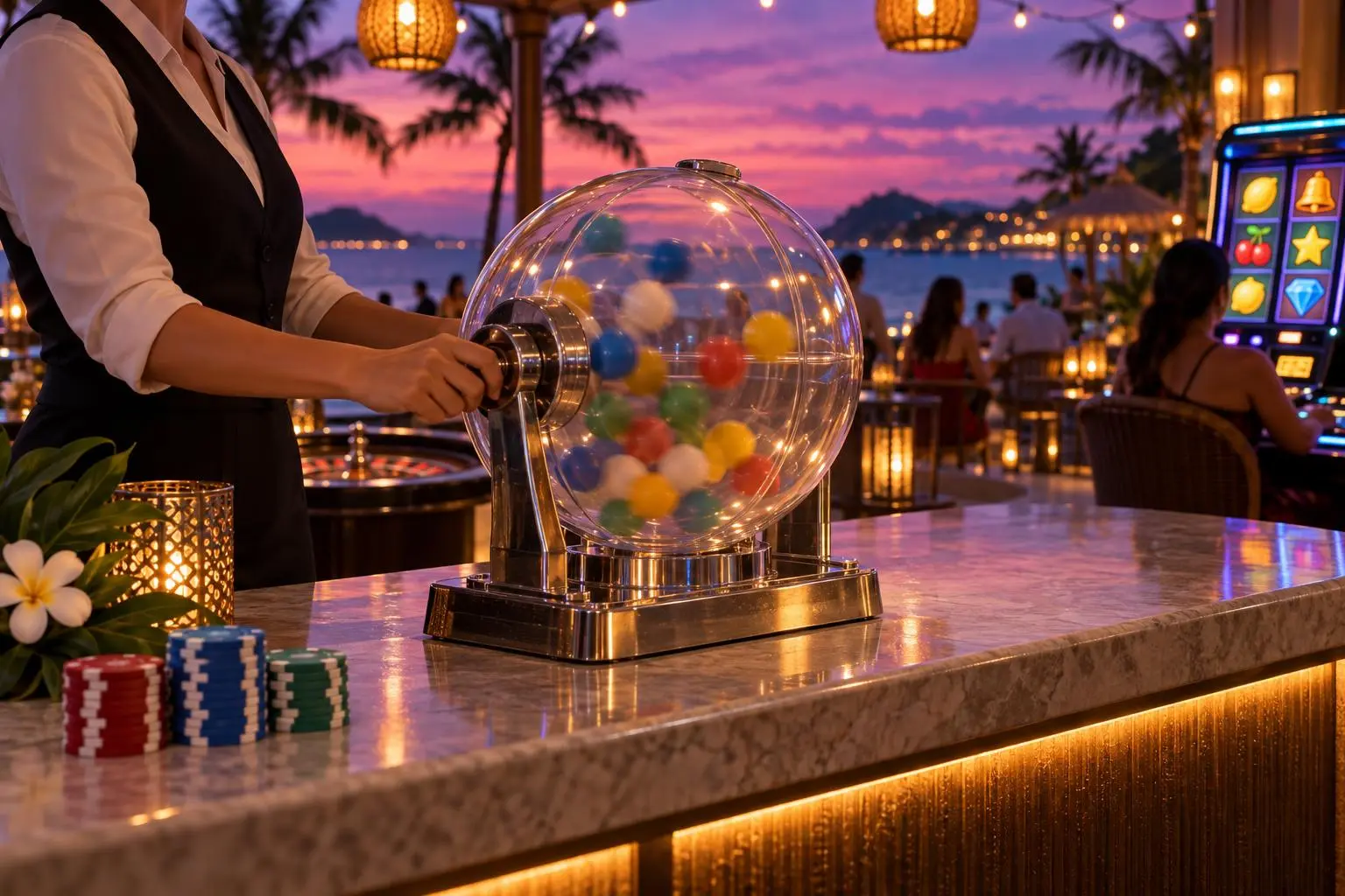 Las manos de una persona hacen girar un tambor transparente con bolillas de colores en una agencia.