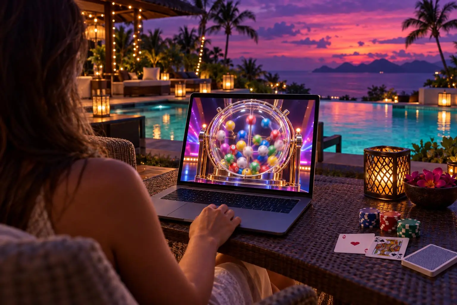 Una persona consulta en una laptop la animación de un sorteo con bolillas en movimiento.