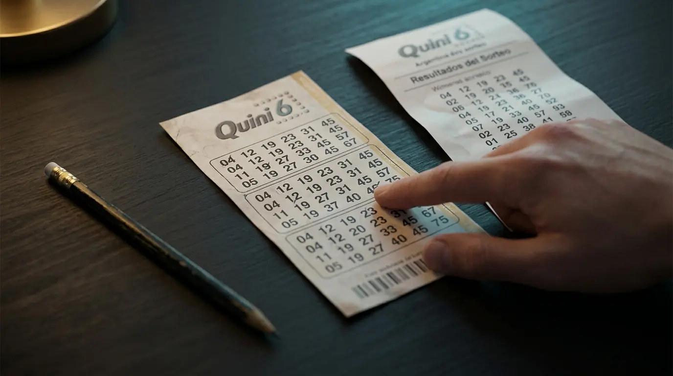 Un ticket de lotería, un lápiz y el resultado impreso sobre una mesa; una mano compara los números.