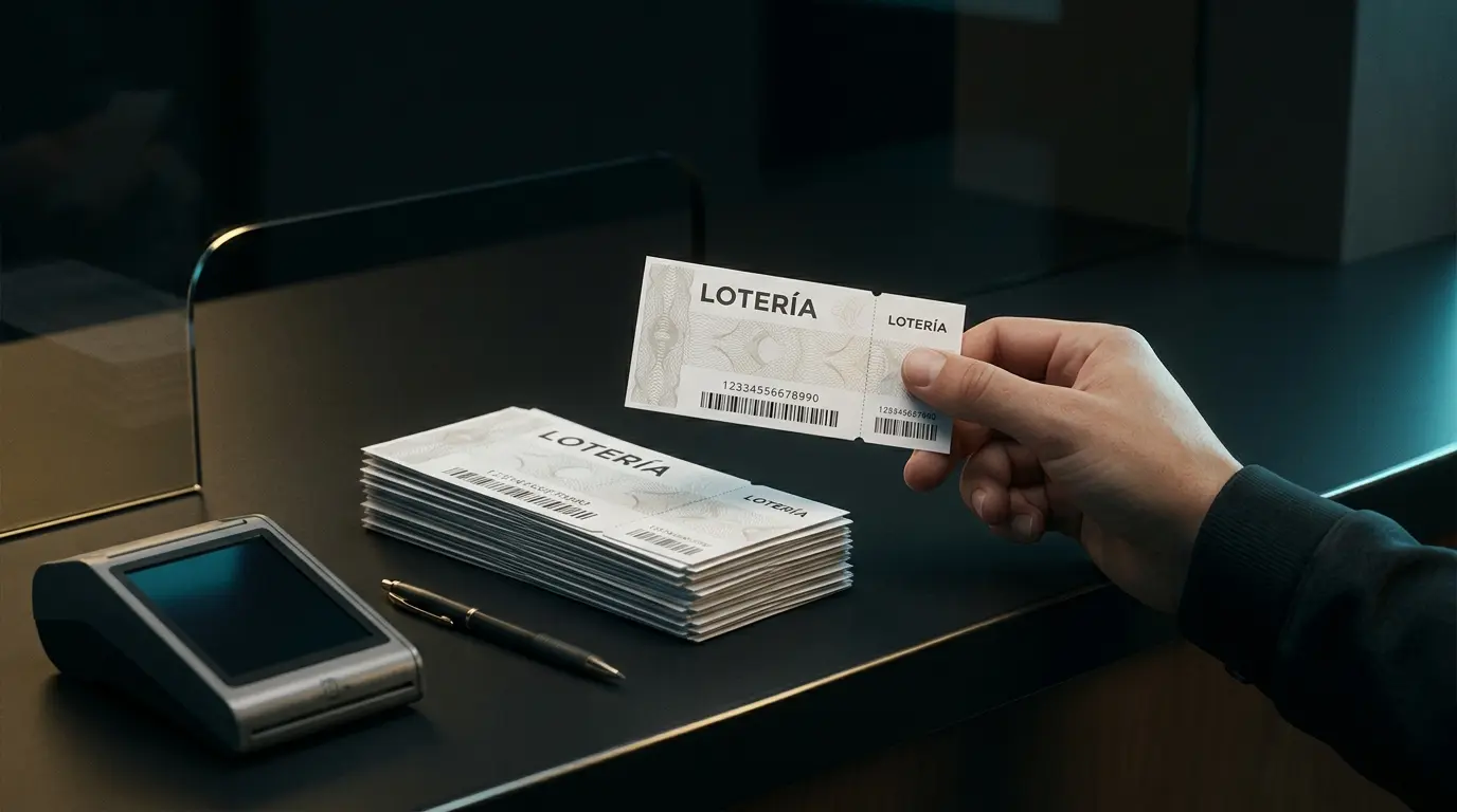 Una pila de comprobantes sobre un mostrador y una mano que sostiene un ticket aparte.