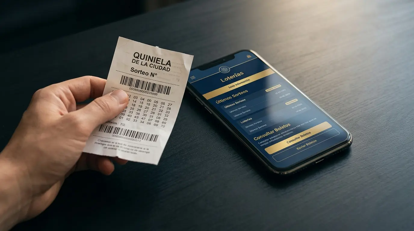 Una mano sostiene un ticket de lotería junto a un celular con información de un sorteo.
