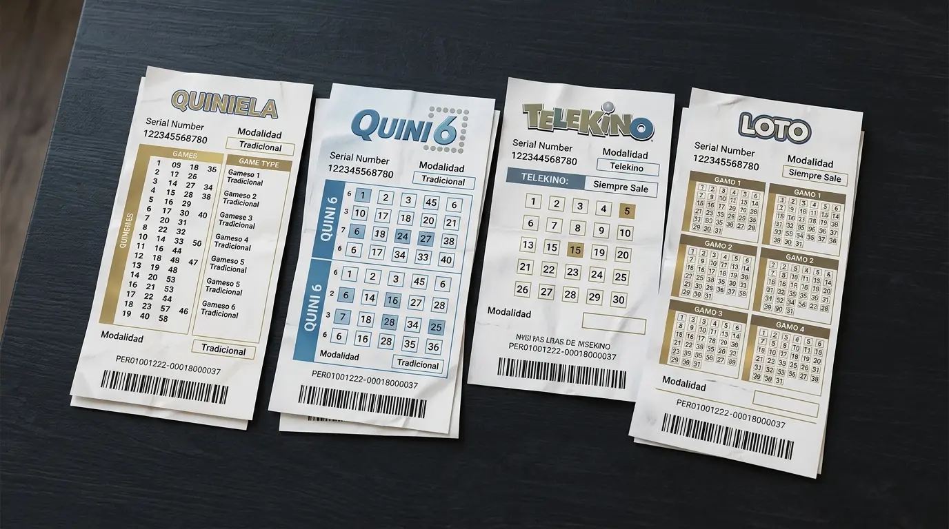 Varios tickets de lotería sobre una mesa, con distintos nombres de juegos y modalidades visibles.