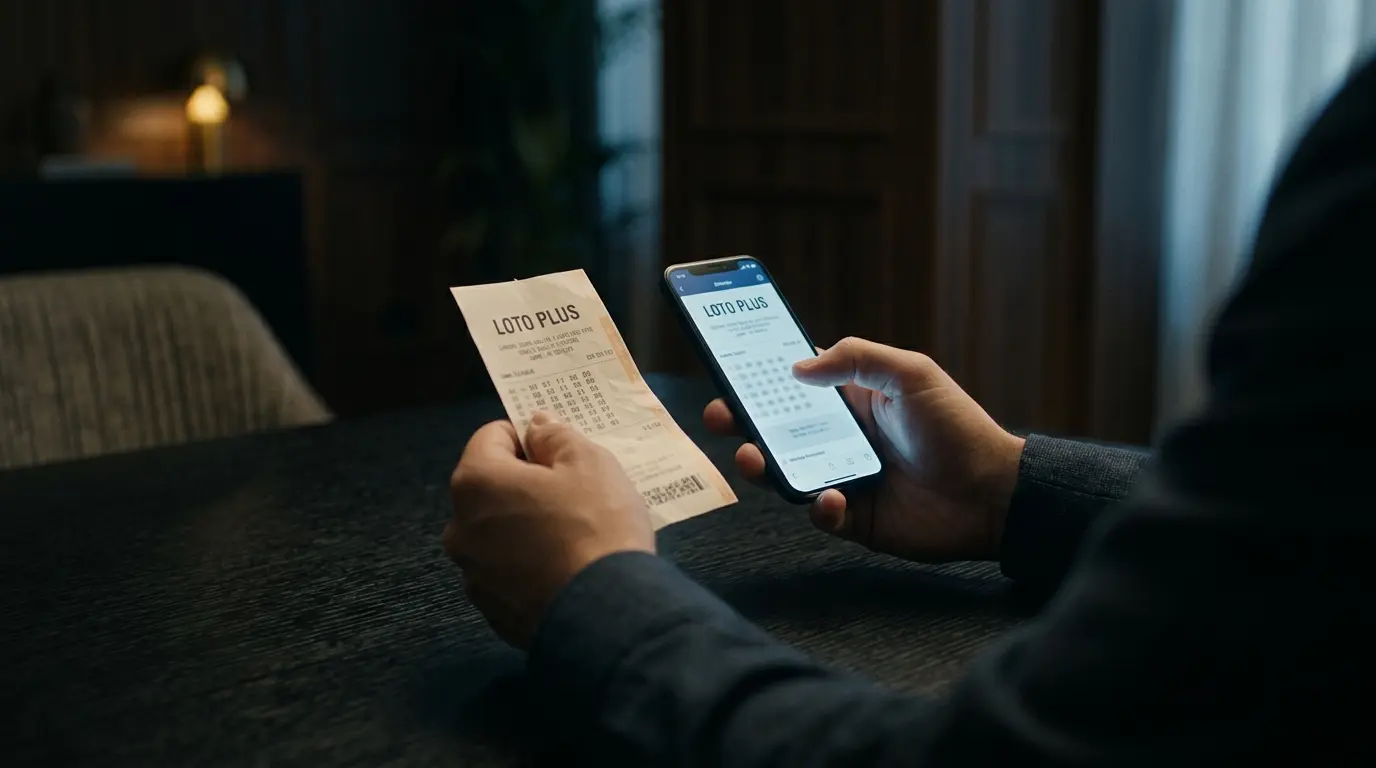 Una persona compara el nombre Loto Plus en un ticket con la información abierta en su teléfono.
