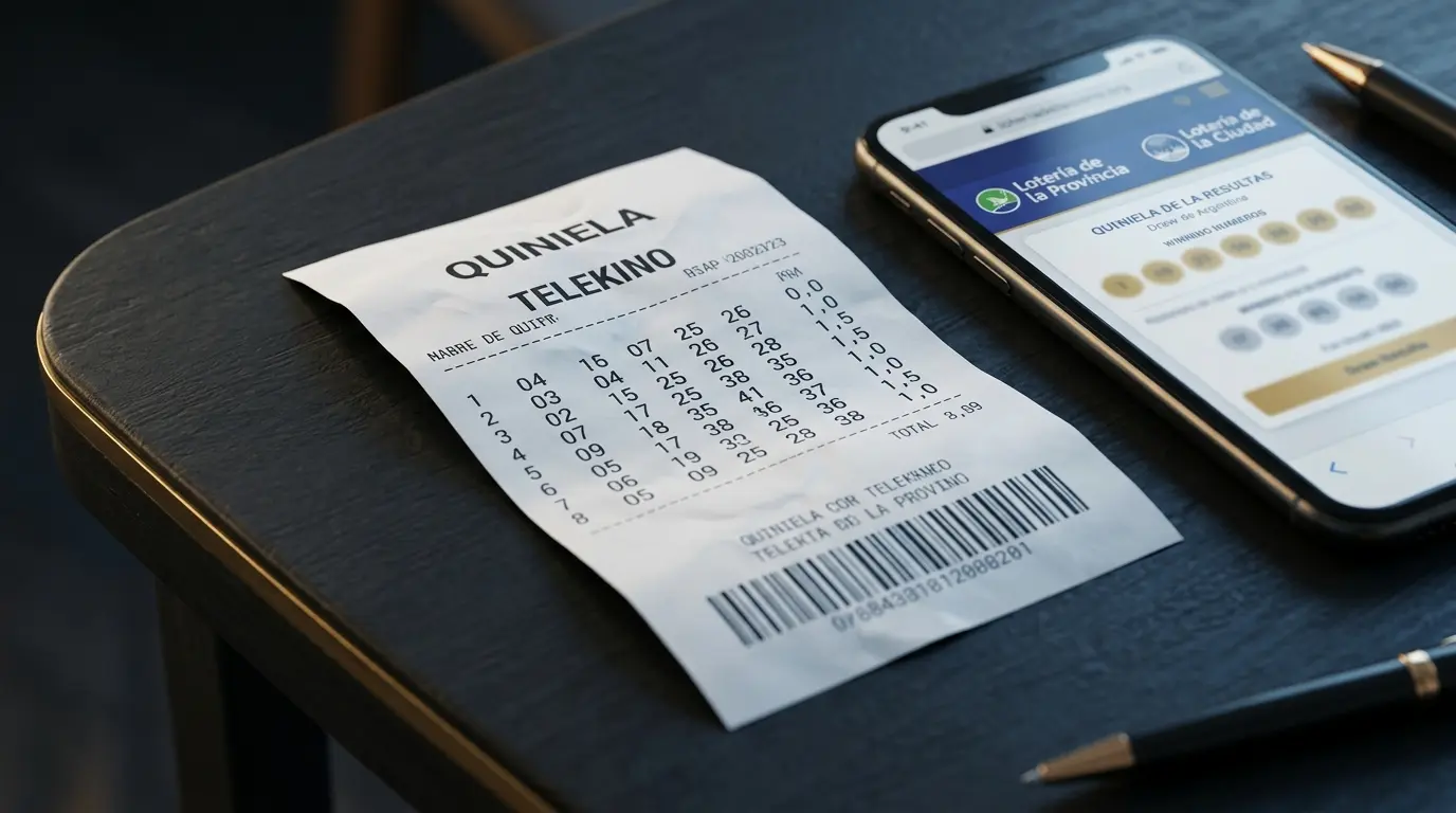 Un comprobante con números impresos está junto a un teléfono que muestra el resultado de un sorteo.