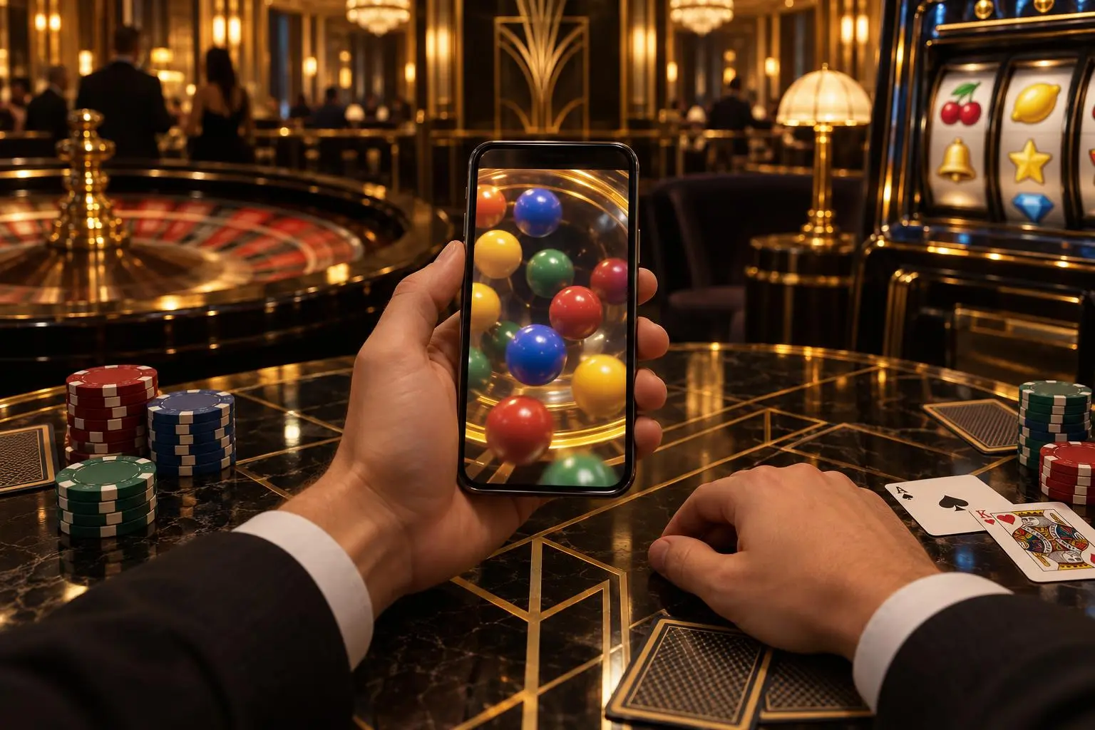 Una mano sostiene un celular con esferas de colores en movimiento.