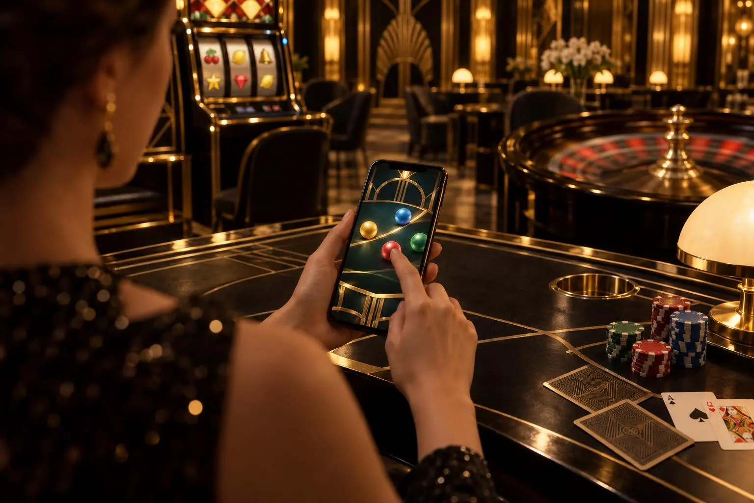Una persona toca la pantalla del celular mientras mira esferas de colores.