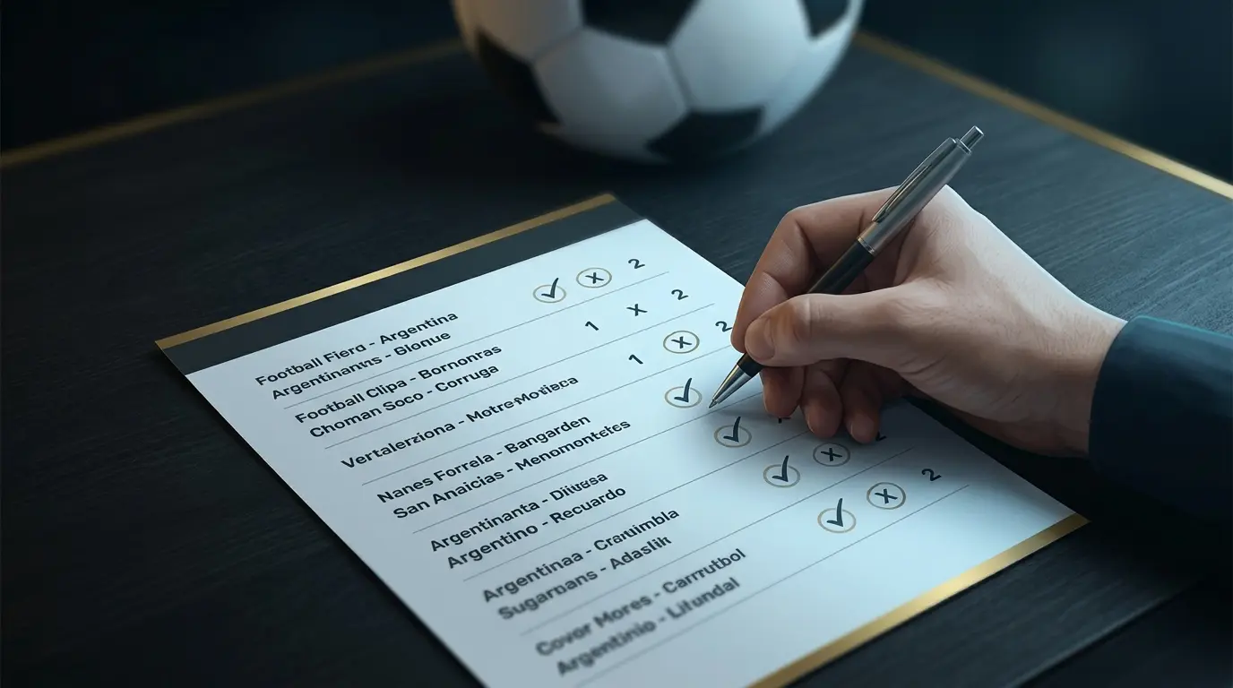 Una mano marca pronósticos de varios partidos en una hoja, con una pelota de fútbol al fondo.
