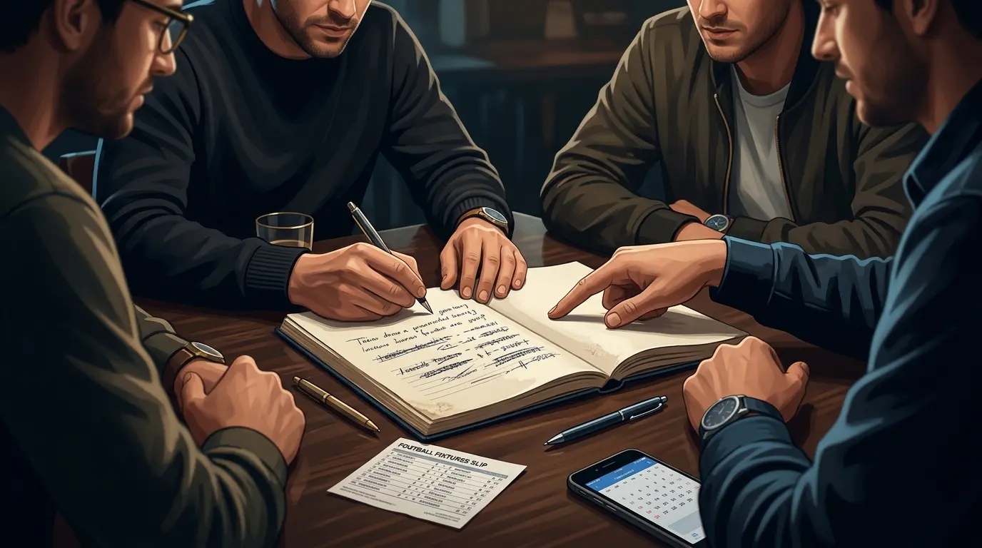 Varias personas conversan alrededor de una mesa mientras una anota reglas en un cuaderno.