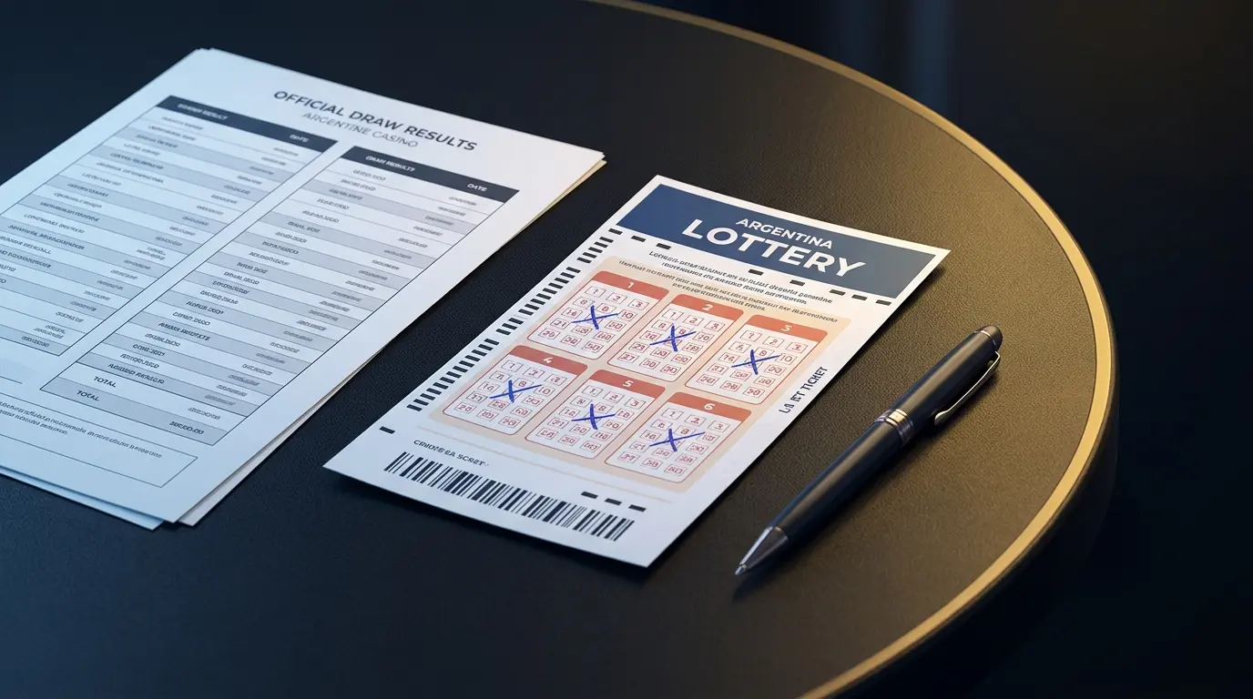 Un ticket de lotería con seis casilleros marcados, una lapicera y una hoja de resultados sobre la mesa.