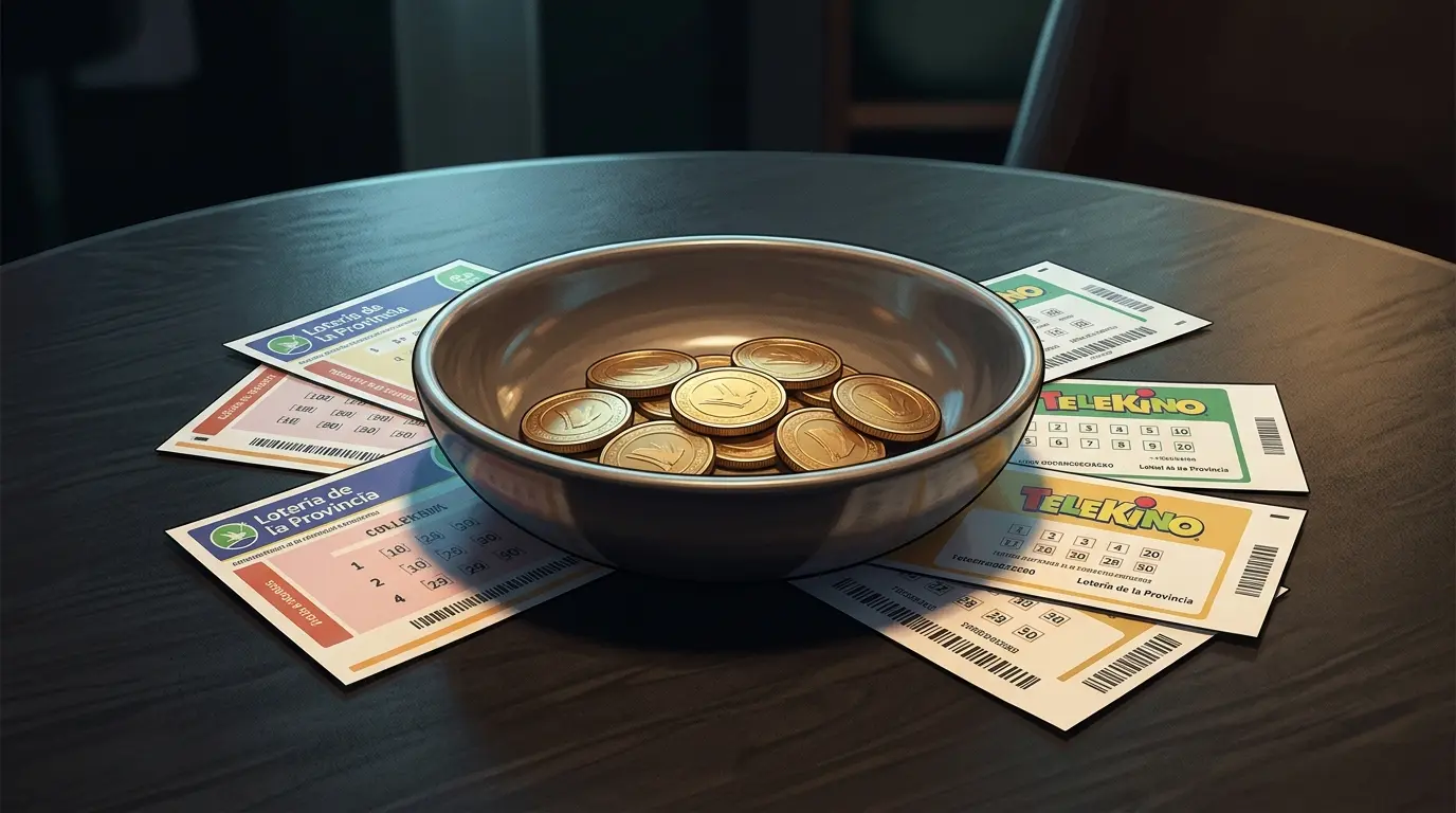 Un recipiente con fichas doradas y varios tickets de lotería separados a su alrededor.