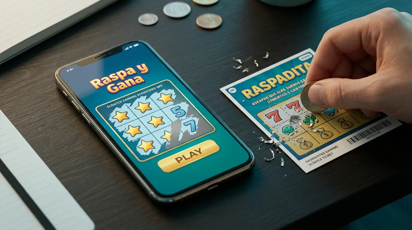 Un celular con una raspadita digital junto a una mano que raspa un billete de papel.