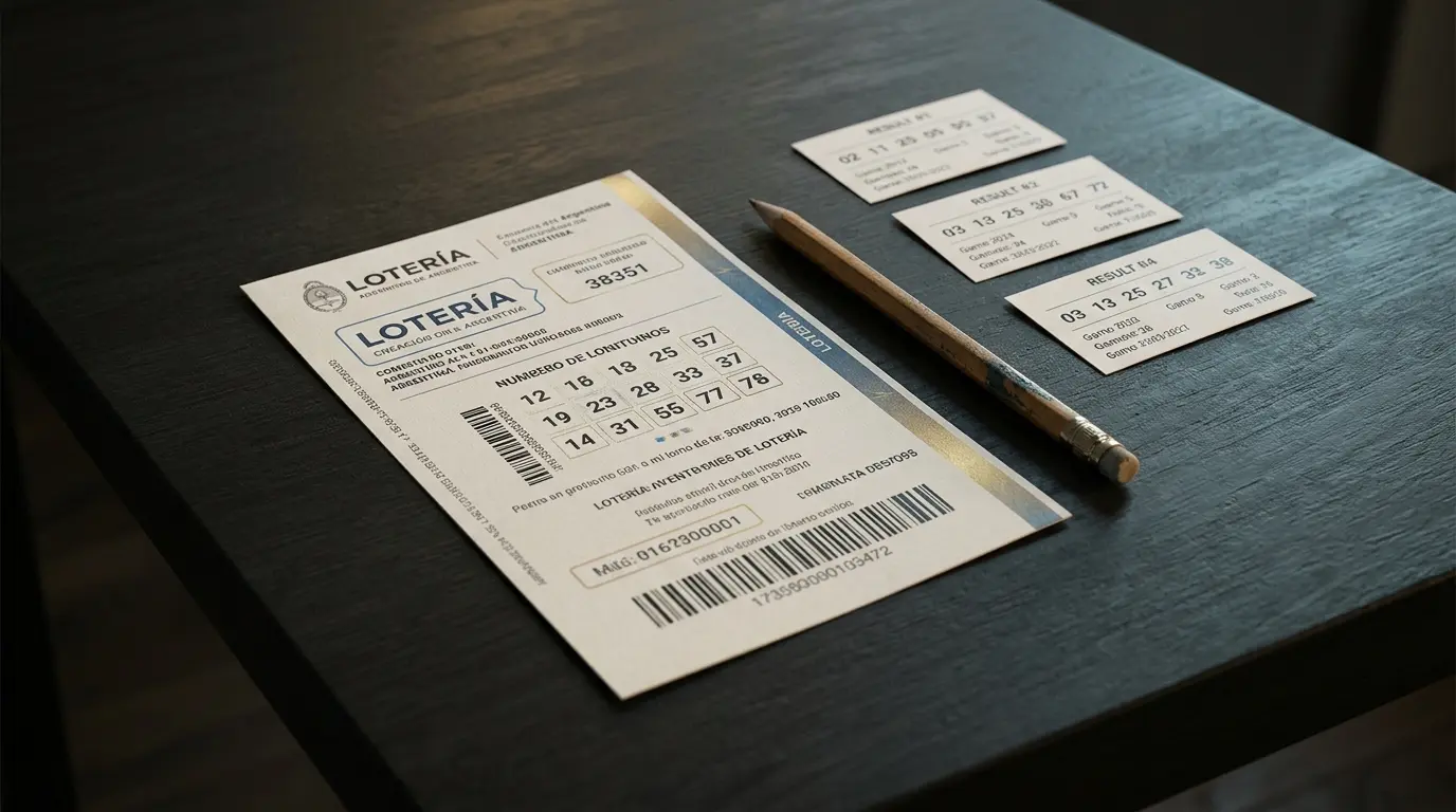 Un cartón de lotería con un lápiz y tres comprobantes de resultados separados sobre una mesa oscura.