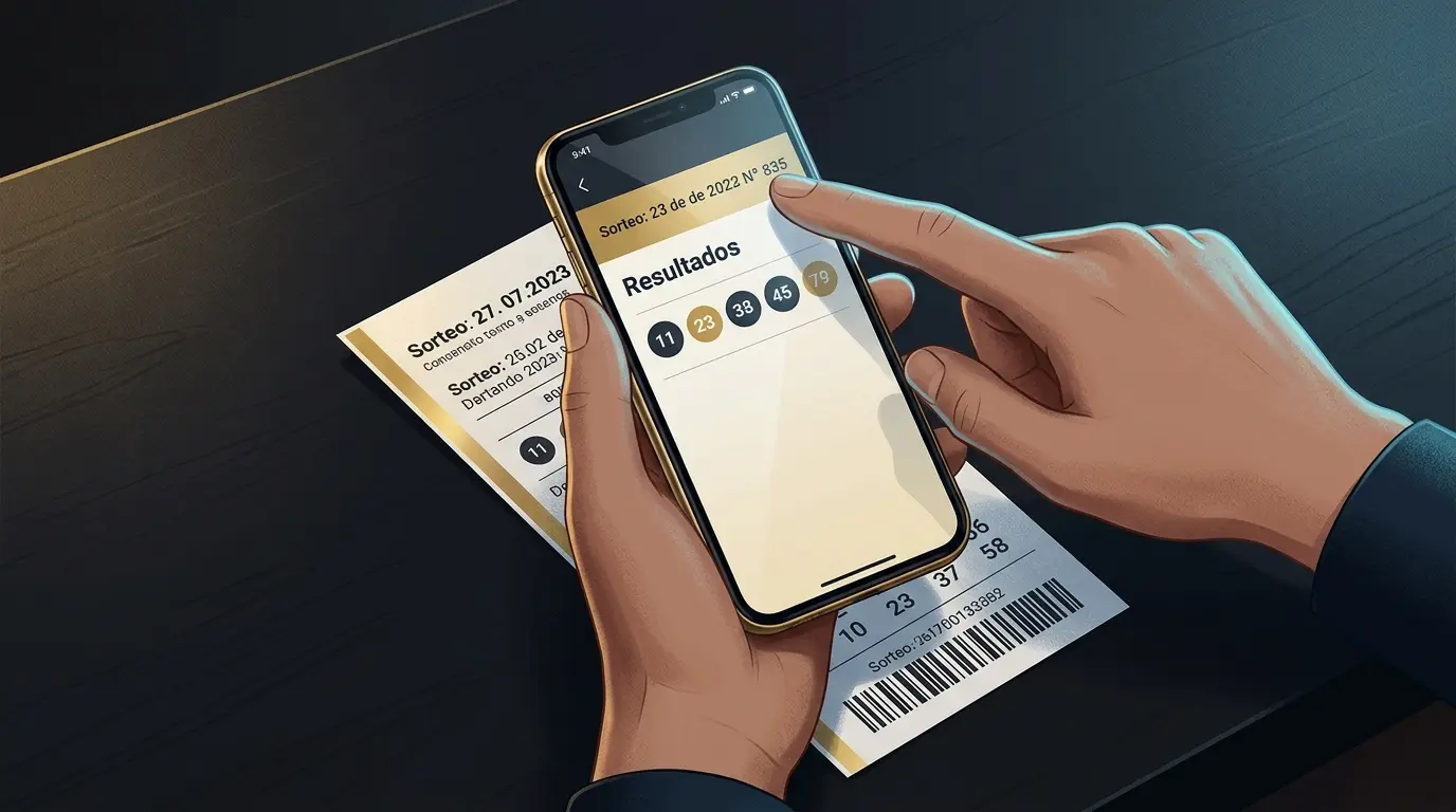 Una mano sostiene un celular sobre un cartón de lotería y señala los datos del sorteo en la pantalla.