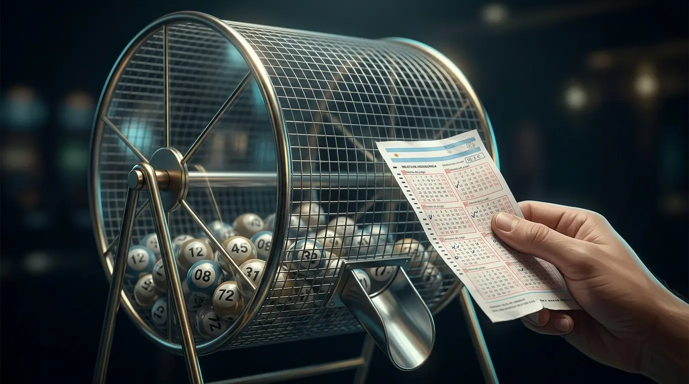 Una mano sostiene un comprobante con números frente a una urna de sorteo con bolillas.