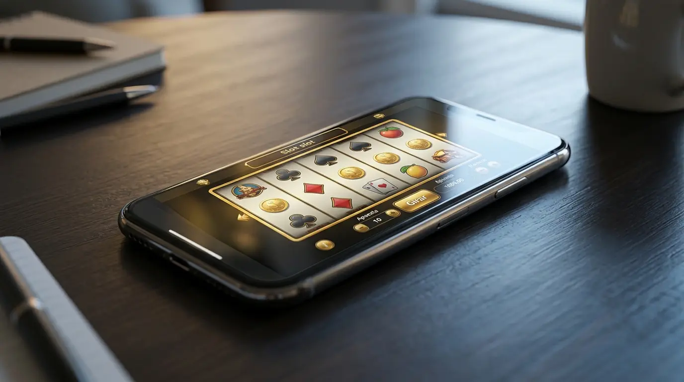 Un celular muestra una tragamonedas con símbolos de monedas en los carretes.