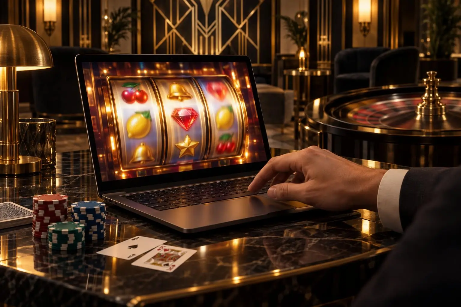 Una mano se acerca a una laptop con los rodillos de una tragamonedas en movimiento.